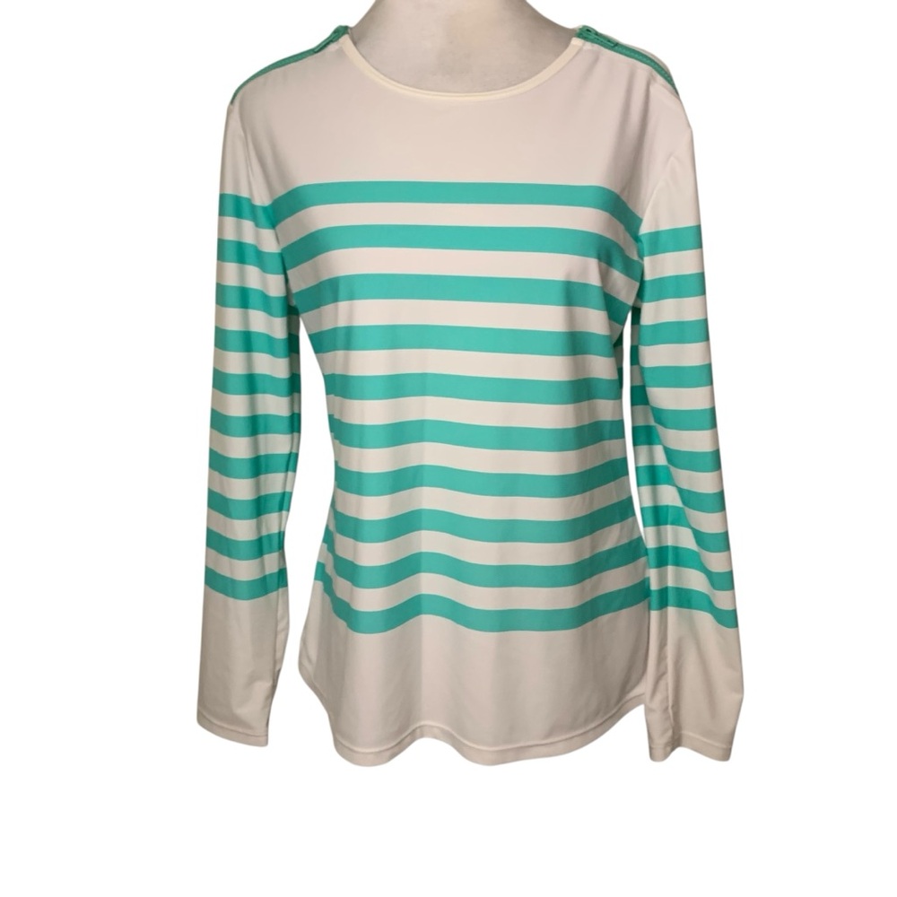 Cabana Life Women’s Large Aqua & White Striped Long Sleeve UPF Sun Beach Top